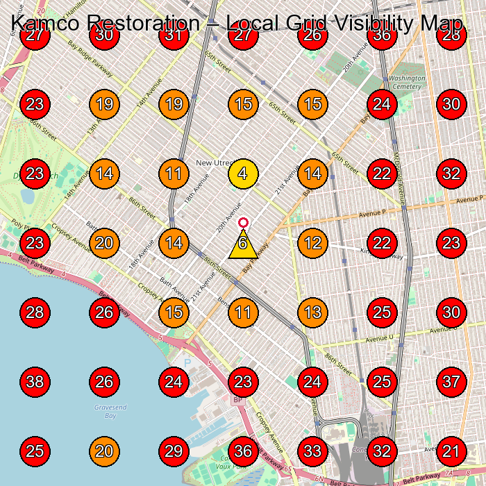 Kamco Restoration GeoGrid visibility map for Roofing Contractor in Brooklyn